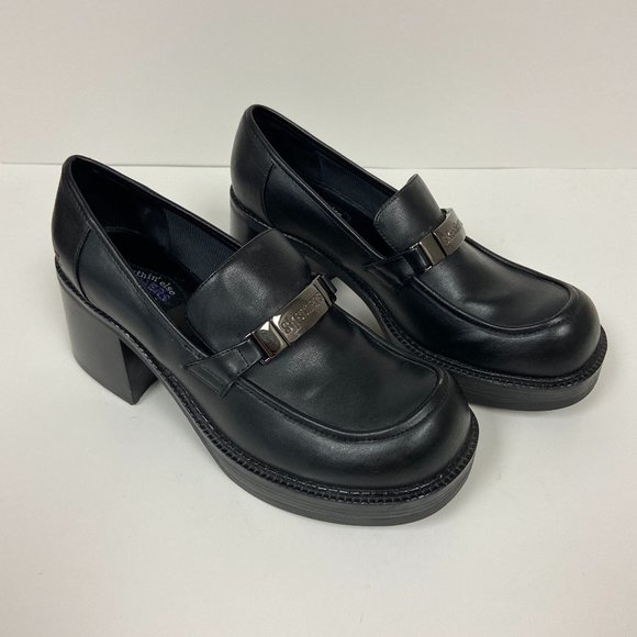 Vintage Shoes - Skechers Vintage Y2K Black Platform Slip On Loafer Chunky Block Heels Size 9